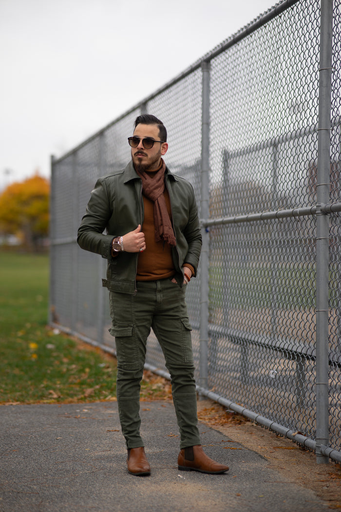 Dark green real leather jacket for fall