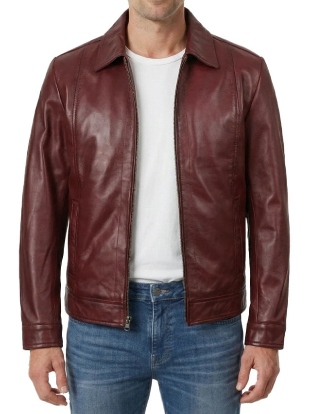 Men's burgundy wax finish Harrington leather jacket