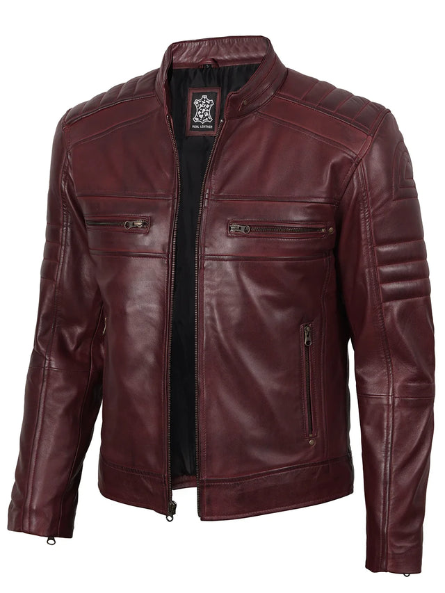 Men's burgundy cafe racer style leather jacket