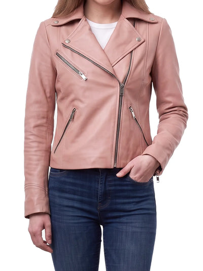 Women's pink asymmetrical biker style leather jacket