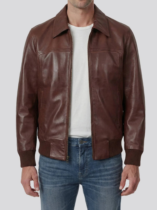Men's brown real leather bomber jacket