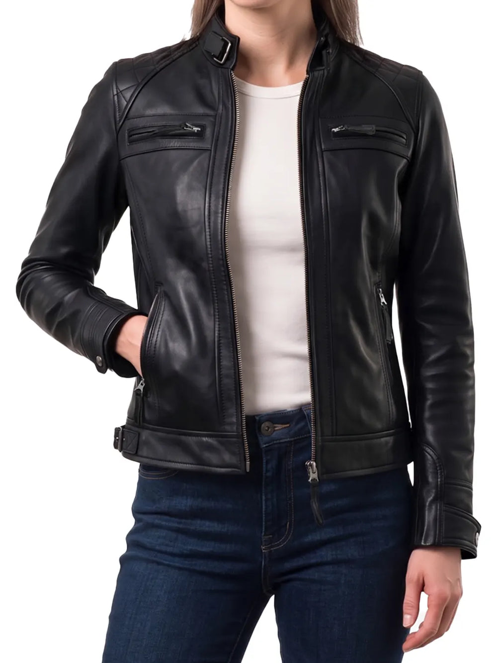 Women Black Quilted Biker Style Leather Jacket