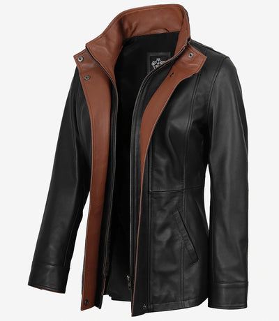 Erin Women's Wide Lapel Black Leather Jacket