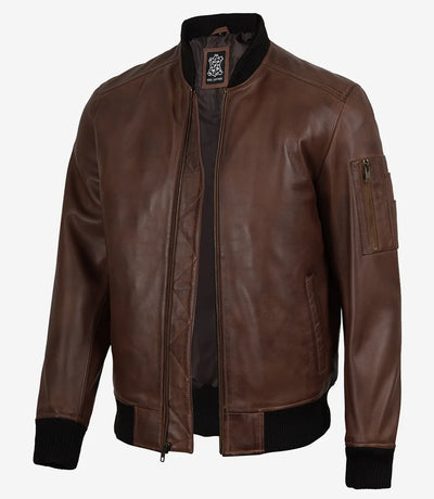 Men's Cognac Brown Lambskin Leather Bomber Jacket with Wax Finish
