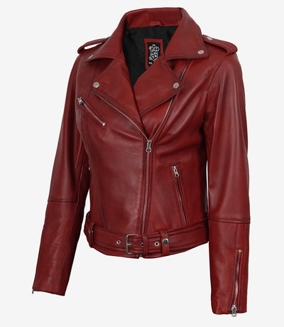 Women's red asymmetrical biker style leather jacket