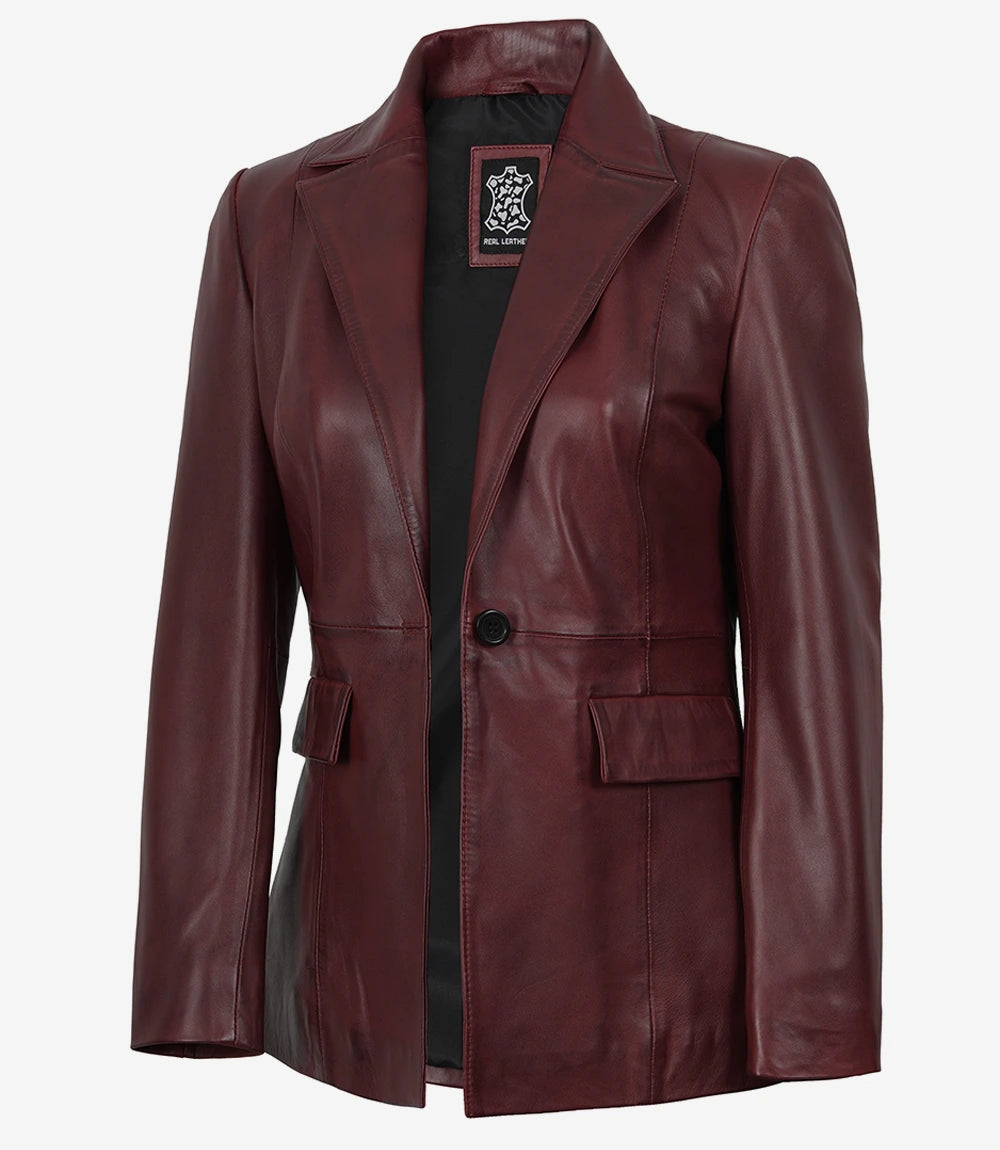 Women's Single-Button Lambskin Leather Blazer Burgundy Wax - Front