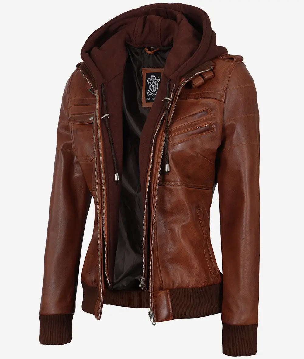 Women's Leather Jacket - Cognac Brown with Removeable Hood – Decrum