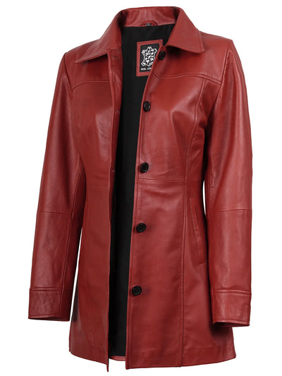 Women's red real leather car coat